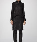 Black n' Charcoal Donegal textured Italian Wool Jacket & Pencil Skirt accented with Soft Black Lambskin Leather Trim.