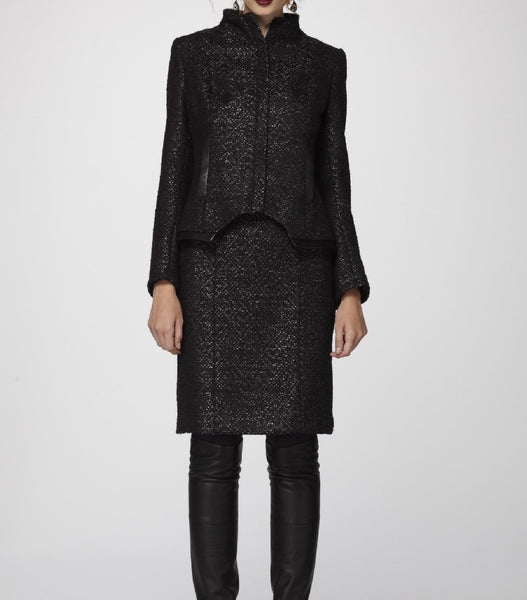 Black n' Charcoal Donegal textured Italian Wool Jacket & Pencil Skirt accented with Soft Black Lambskin Leather Trim.