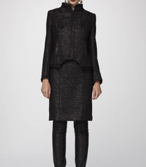 Black n' Charcoal Donegal textured Italian Wool Jacket &amp; Pencil Skirt accented with Soft Black Lambskin Leather Trim.