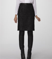 Black n' Charcoal Donegal textured Italian Wool Pencil Skirt accented with Soft Black Lambskin Leather Waistband