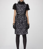 Black n' White Animal Textured Mohair Sheath Dress with Faux Fur Shoulders & Neck Trims.