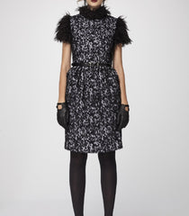 Black n' White Animal Textured Mohair Sheath Dress with Faux Fur Shoulders & Neck Trims.
