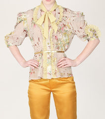 Beige Floral Crinkle Poly Chiffon Bow Shirt