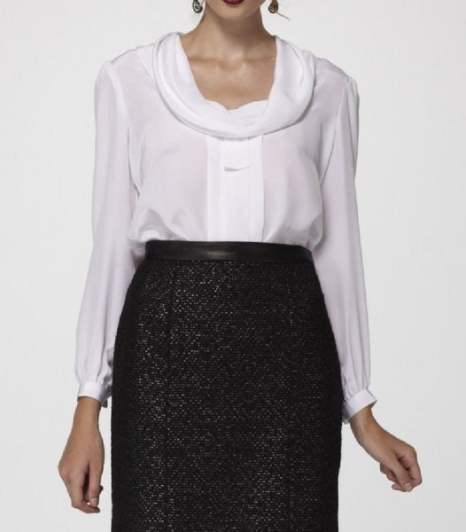 Silk Crepe de Chine Blouse with draped Collar & Long Buttoned Sleeves