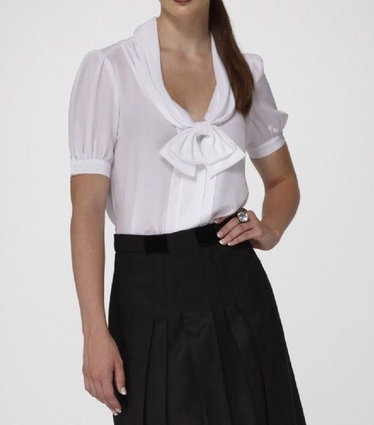 Silk Crepe de Chine Blouse with draped Collar with accented Bow & Short Buttoned Sleeves.