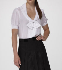 Silk Crepe de Chine Blouse with draped Collar with accented Bow & Short Buttoned Sleeves.