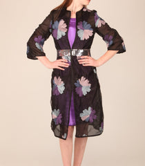 Black Organza Coat with Black &amp; Purple Applique Flowers