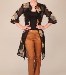 Black Organza Coat with Brown & Beige Applique Flowers
