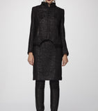 Black n' Charcoal Donegal textured Italian Wool Jacket &amp; Pencil Skirt accented with Soft Black Lambskin Leather Trim.