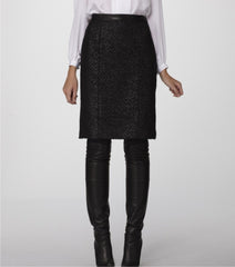 Black n' Charcoal Donegal textured Italian Wool Pencil Skirt accented with Soft Black Lambskin Leather Waistband