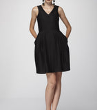 Cheeky Black Silk Brocade Pleated V-Neck Dress with side slash Pockets.