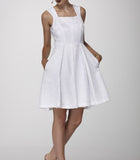 White Box-Pleated Floral Jacquard Dress with Side Pockets