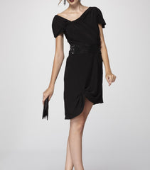Sophisticated Black Draped Knit Asymmetric Cocktail Dress with Black Sequined Waistband.