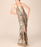 Red Carpet Silver Sequin Draped Haltered Gown