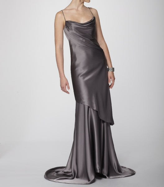Luxuriously Draped Graphite Silk Charmeuse 1930s Couture Gown.