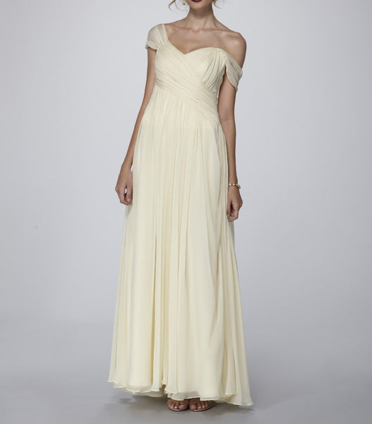 Exquisite Soft Lemon Beige graciously draped Silk Chiffon Couture Gown. Couture Collection