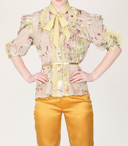 Beige Floral Crinkle Poly Chiffon Bow Shirt