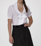 Silk Crepe de Chine Blouse with draped Collar with accented Bow &amp; Short Buttoned Sleeves.