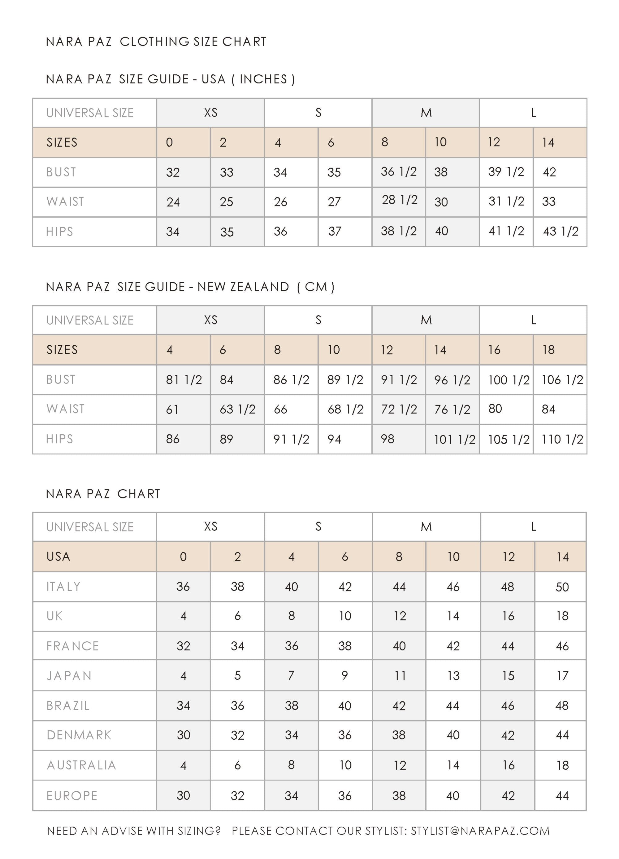 Size Chart Nara Paz Design